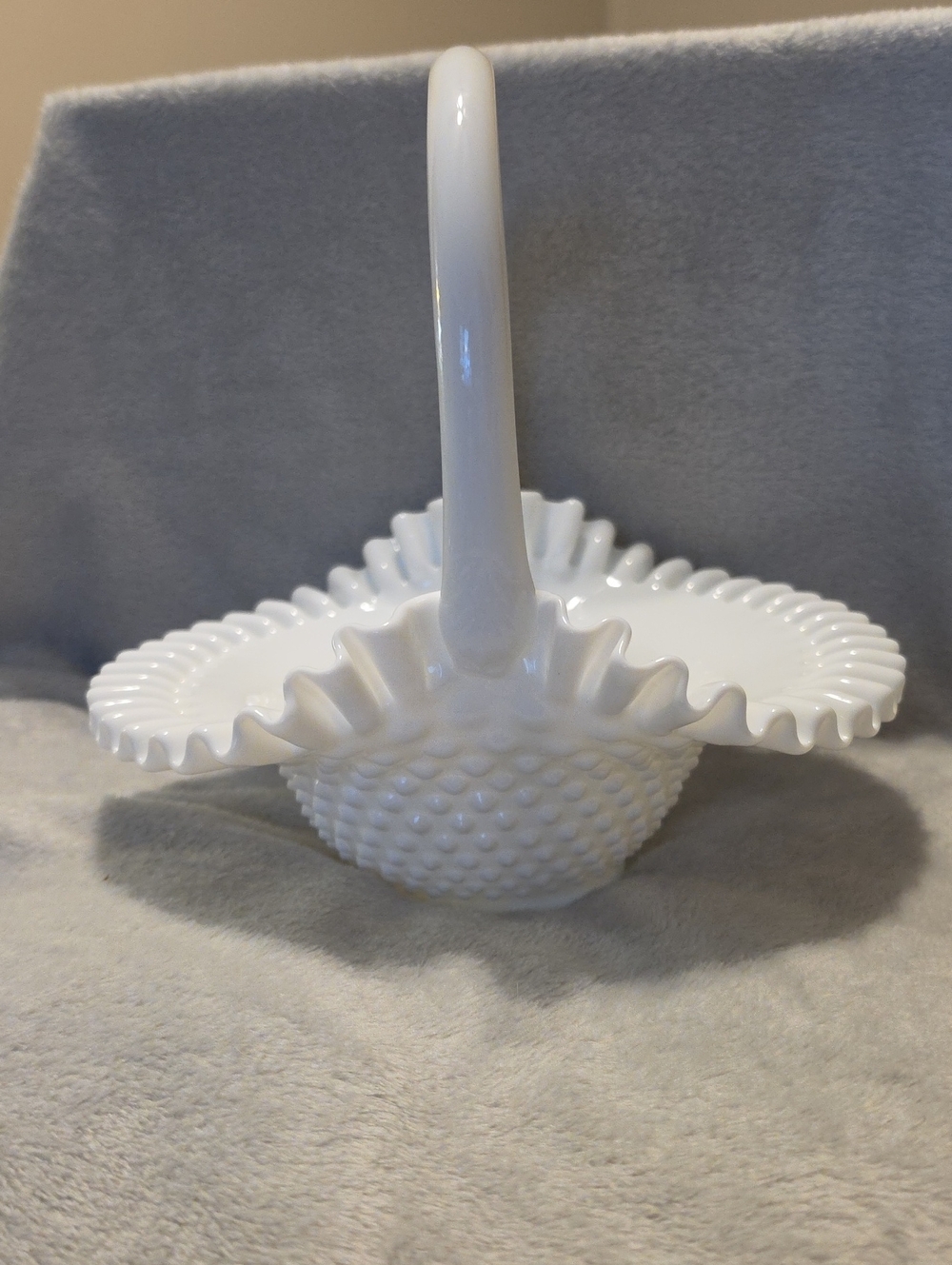 White Milk Glass Hobnail Ruffled Basket with Handle